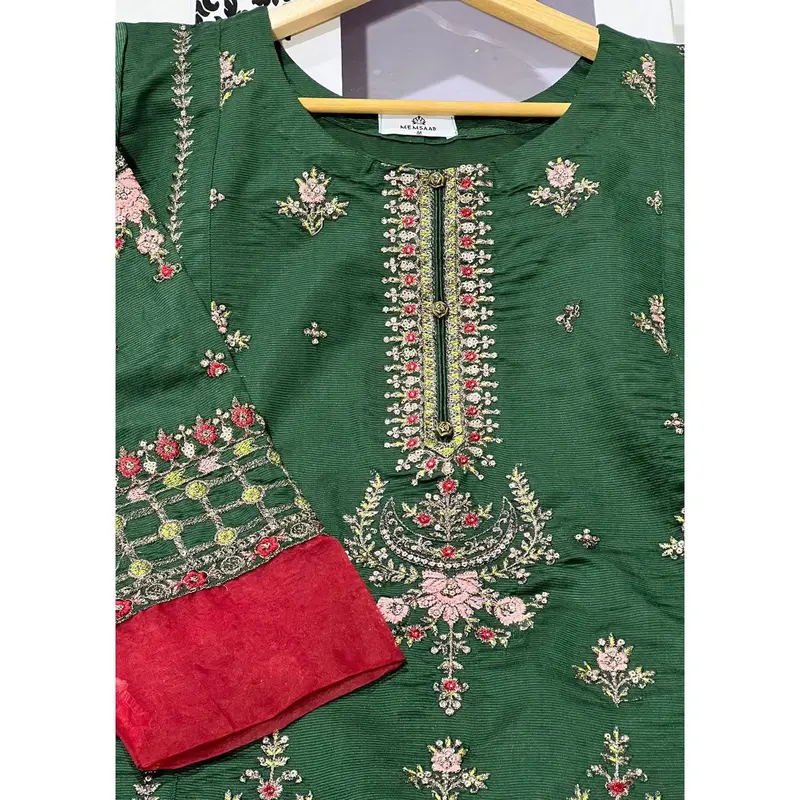 KLD302 Sanaya - Dark Green Readymade Khadi Net Suit 1