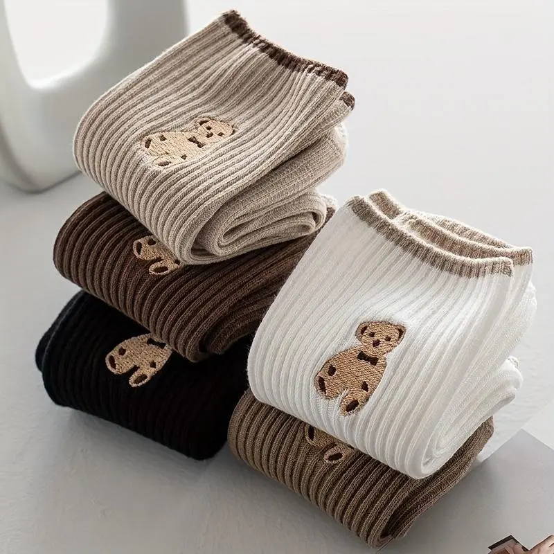 Socks  5 pairs Bear Pattern Socks, Cute & Breathable Mid Tube Socks, Women's Stockings & Hosiery