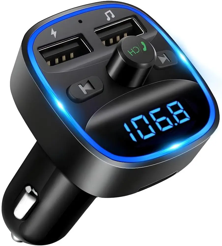 Bluetooth Car Adapter 5.0 Car FM Transmitter, PD 3.0 Fast Charge Output, USB Type-c Protocol Stereo FM U Disk Playback WMA,MP3,WAV Music Format Hands-free Calling, Siri Google Assistant 7 Color Lights