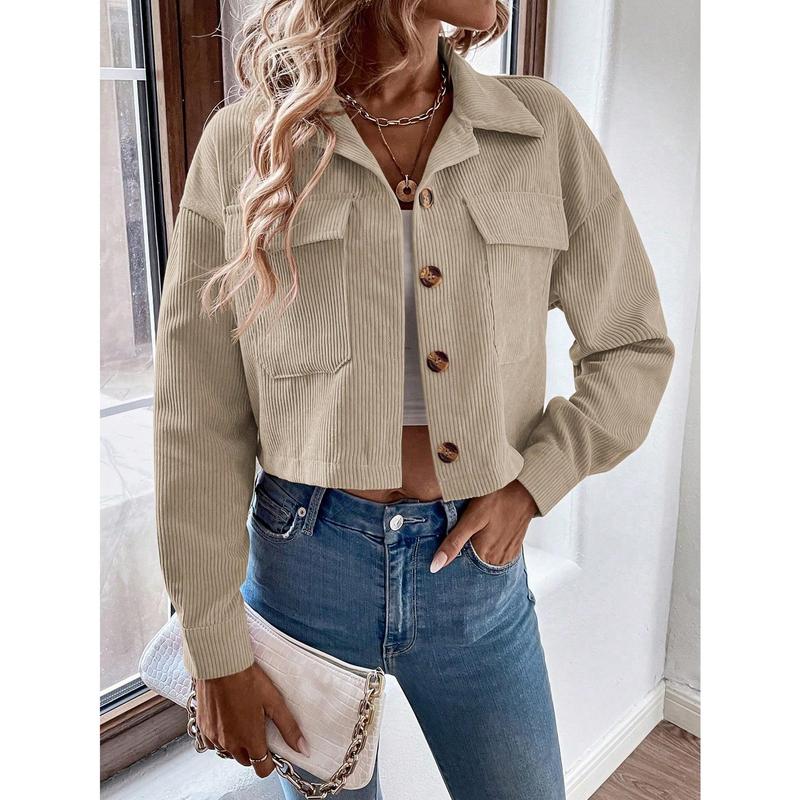 Franclia Flap Pocket Drop Shoulder Crop Corduroy Jacket Fit Long Sleeve 5