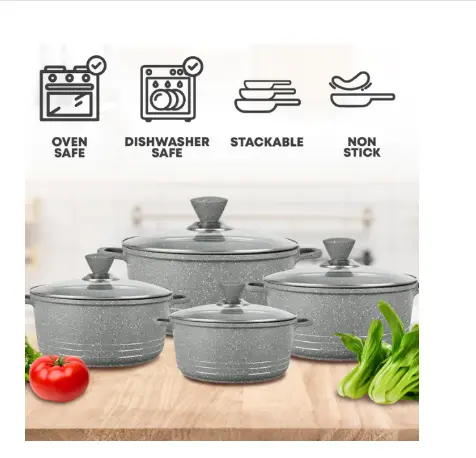 Die Cast Laria Stockpot Set -Marbled Grey 4Pcs Non Stick Coating Cooking Pot Kitchen Induction Aluminium Cookware Glass Round
