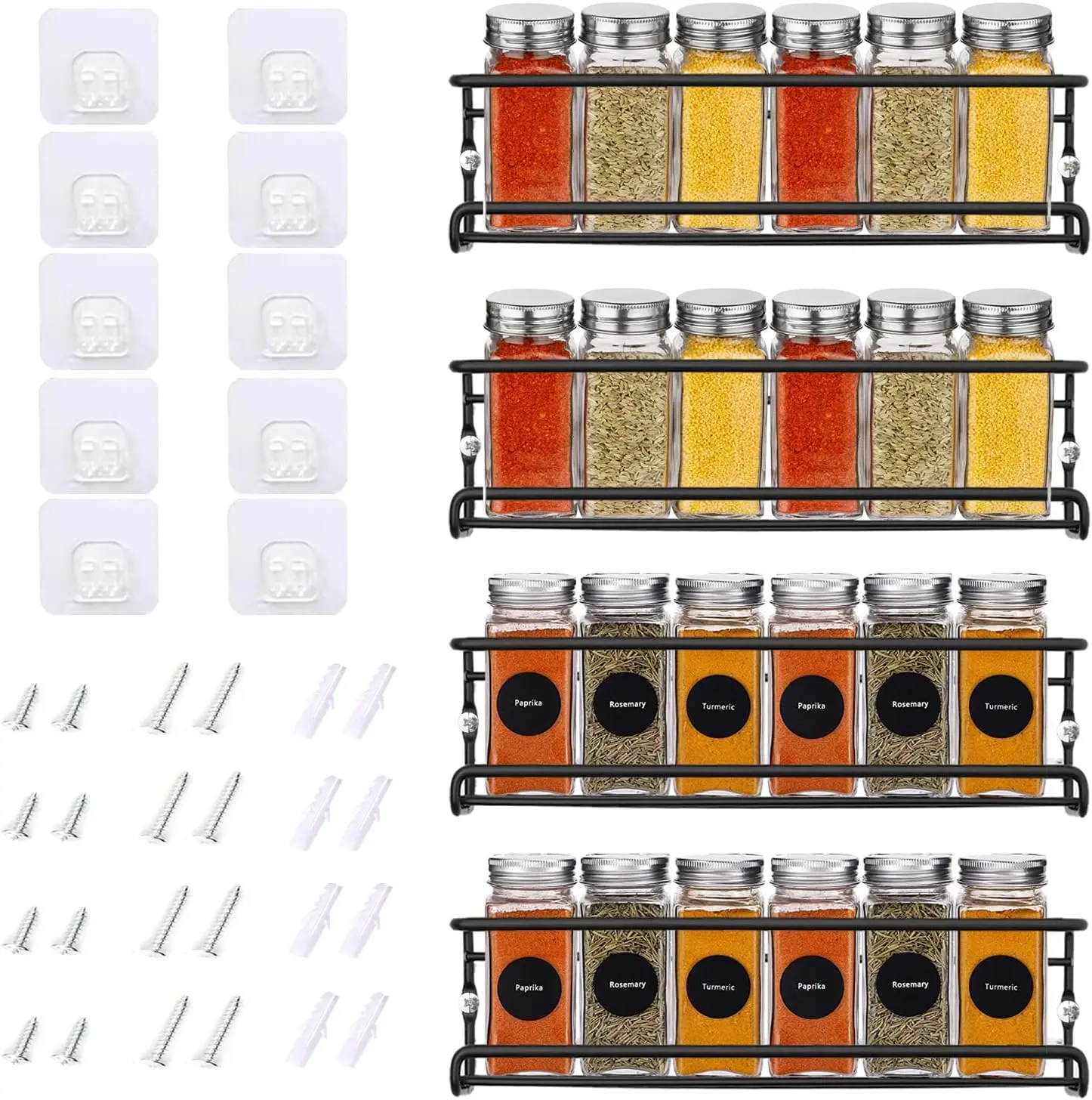 Spice Rack for Inside Cupboard 4 Tier Wall Mounted with Adhesive Stickers & Screws, Spice Rack Organiser for Kitchen Wall Pantry Cabinet Door Bathroom, Black