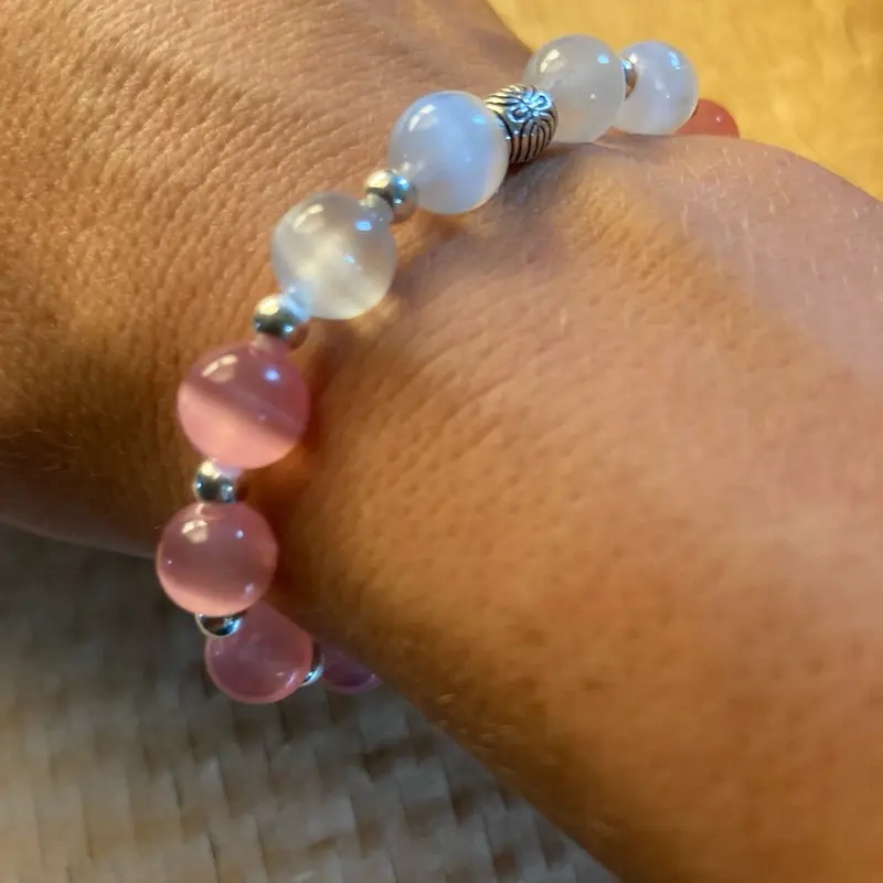 Pretty pink & moon shine light blue selenite crystal bracelet, homemade with love, size to fit all! 2