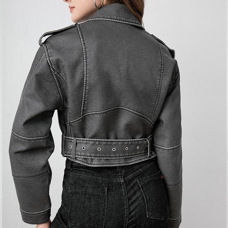 【2025】Premium Faux Leather Jacket coat  for Women,Solid Color Pocket Zipper PU Cropped Collared Long Sleeve Biker Faux Leather Jacket, Street Fashion Casual with Removable Belt Zipper Pocket for Autumn&Winter,New year/Christimas gift,fast delivery 6