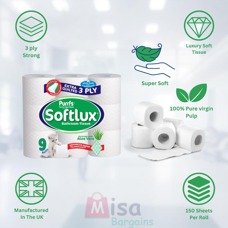 90 Toilet Rolls 45 Softlux Purffs Coconut + 45 Softly Purffs Aloe Vera 3ply Bathroom Luxury Quilted Toilet Rolls  (10*9pk) Flushable Disposable Family Toilet Pack Scented Kitchen Sheets Tissue Wipes 4