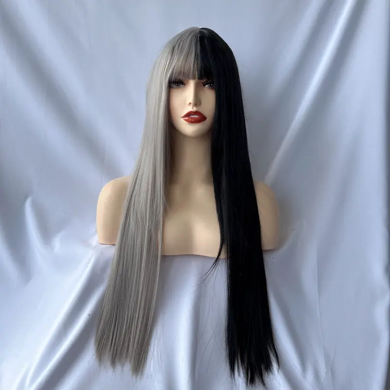 Woven Wigs Women's High Temperature Fiber 100% Straight Hair Cosplay Wig with Air Bangs, Buckle Net Cap, Full Head Coverage, Party Festival Daily Wear 6