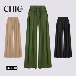 ChicHero Solid Elastic Waist Wide Leg Comfort Pants Casual Womenswear Clothing Bottom Dressy Formal Trouser Basic Minimalist Winter