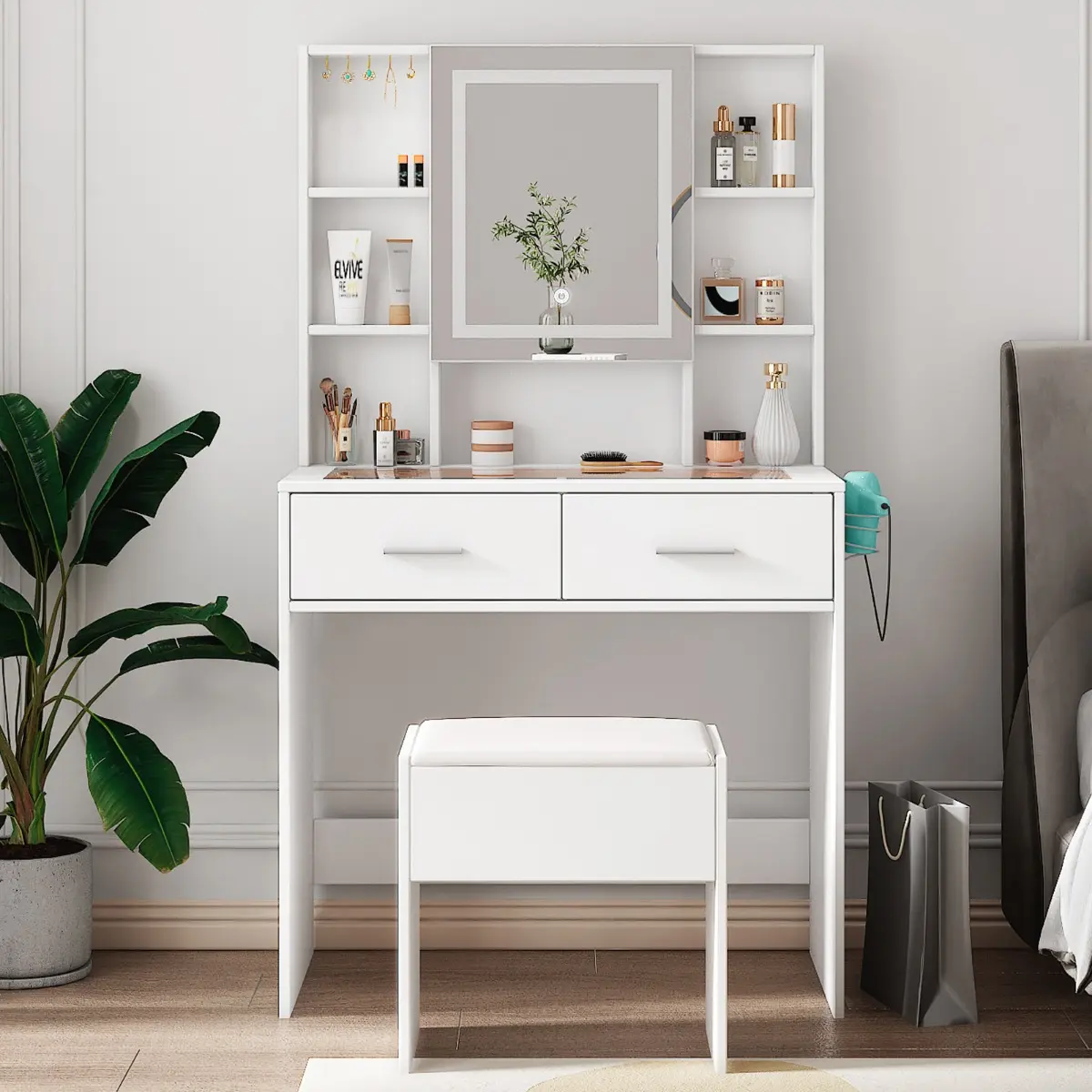 Home Dressing Table with Mirror & Stool Set, Vanity Table W/ 3-Color LED Lights Mirror, Bedroom Dressing Tables with 2 Drawers & Charging Socket, Hair Dryer Holder, Glass Table Top, White