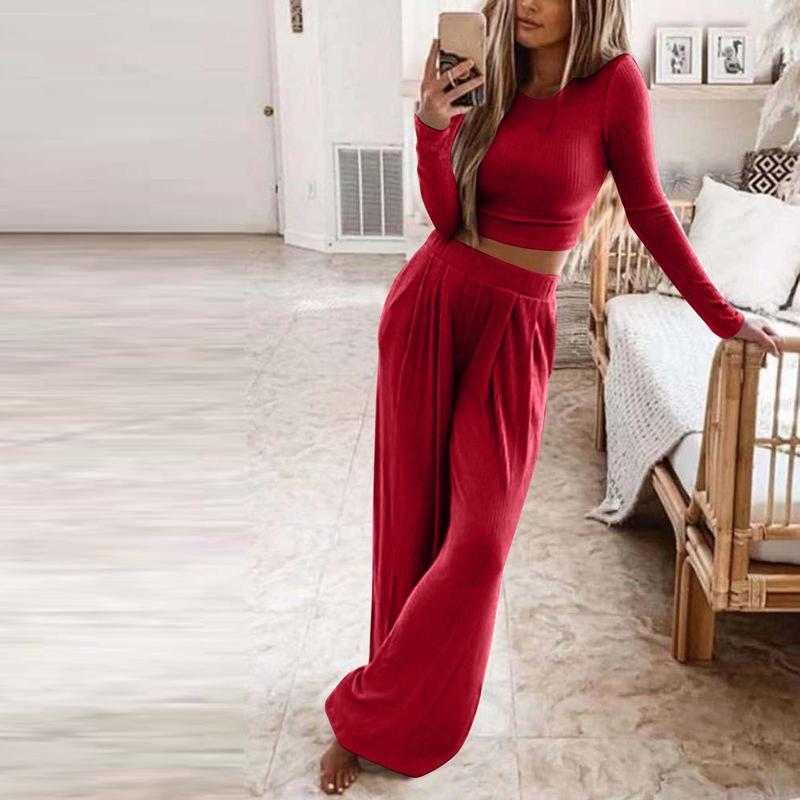 Solid Knitted Crop Top & Wide Leg Trousers Set 1