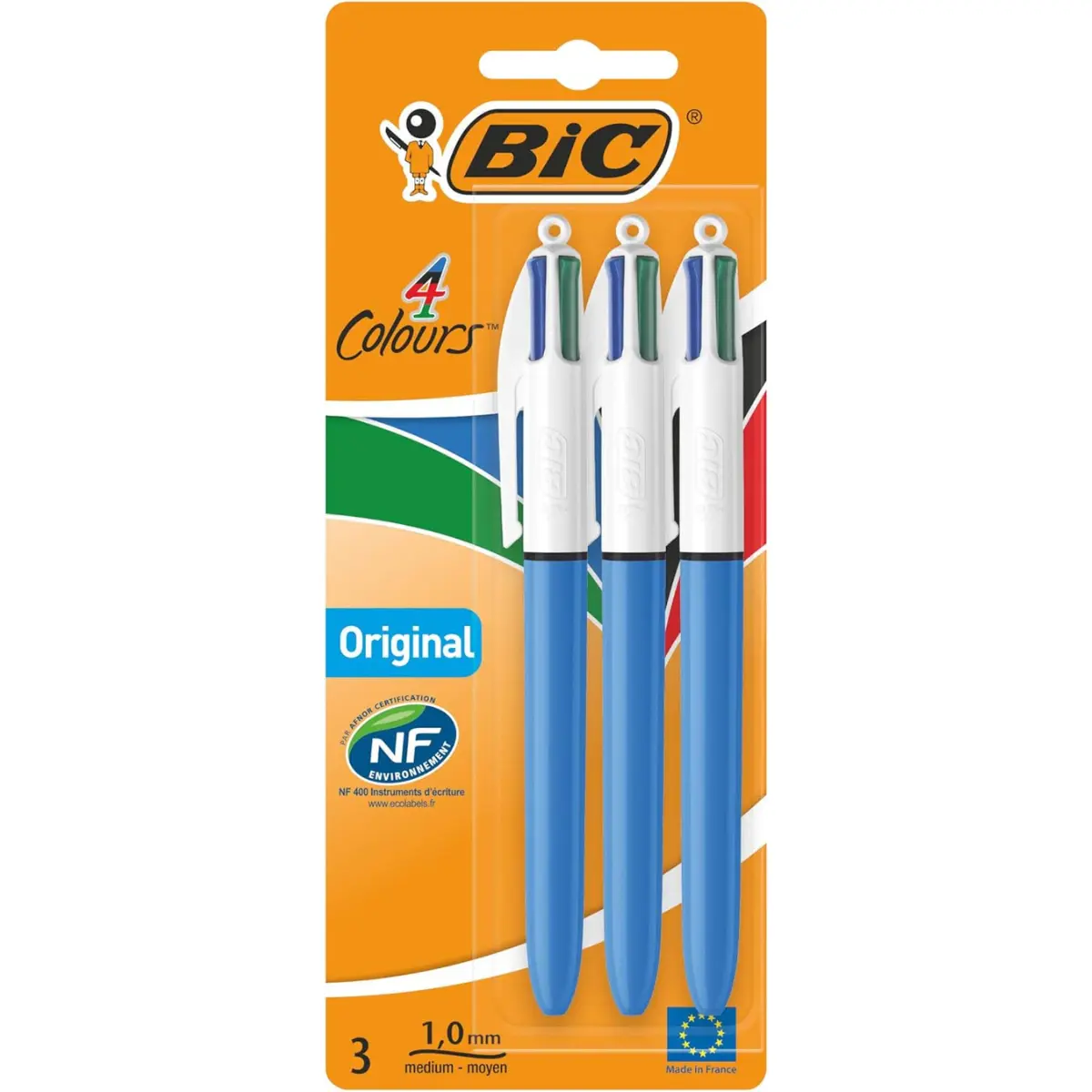 BIC 4 Colours Original Pens, Biro Pens, Medium 1.0mm, Green, Blue, Red, Black, 3 Pens Per Pack, All In One