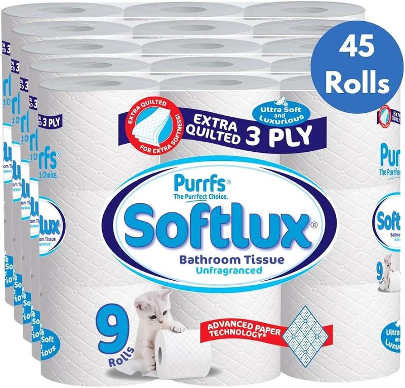 Product Introduction of Softlux Purrfs 3ply Bathroom Luxury Quilted Toilet Rolls - 45 Rolls (5*9pk) Non Scented Tissue - Pack, Wipe 7