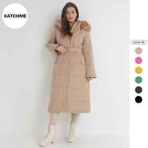 KatchMe Premium Winter Women's Versatile Plush Hooded Belt Decor Thermal Coat,Plain Zip-Up Long Sleeve Side Pocket Outerwear Jacket With Matching Belt