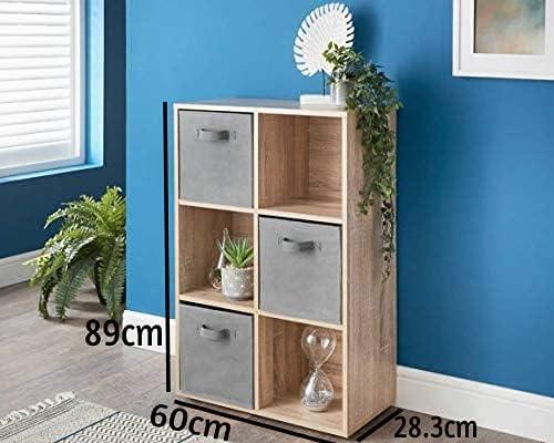 spot on dealz 6 Cubes Wooden Storage Shelving Unit Oak With 3 Grey Fabric Woven Drawer Basket Bookcase Home Office Use Display Furniture Living Room furniture Decor 4