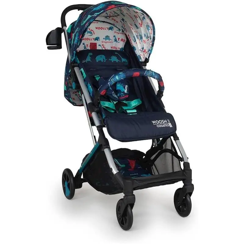 Woosh 3 Pushchair – Lightweight Stroller from Birth to 25kg - One Hand Easy Fold, Compact, Telescopic Handle, Extra Large Shopping Basket, Cup Holder & Raincover (D is for Dino)