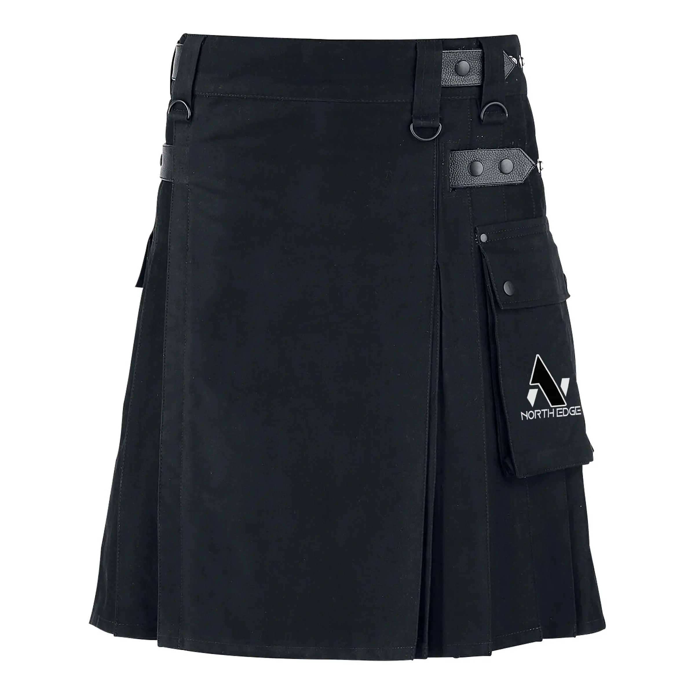 Men Scottish Black Utility Cotton Kilt Sports Fashion Scottish Utility Tartan Kilt with Two Cargo Pockets and Adjustable Leather Straps