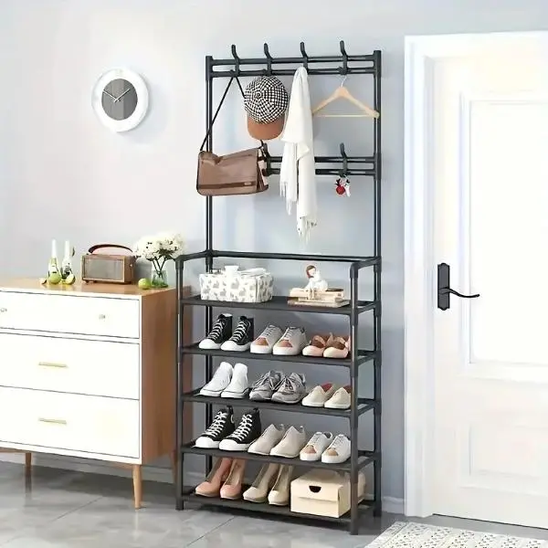 FROM UK -5Layer Metal Storage Rack having 8 Safe Hooks Large Capacity Organizers for Clothes, Shoes, Hats, Bags, Umbrellas. For Bedroom Hallway Entryway Living Room Bathroom Storage Shelf. Free Standing Space-Saver. Home Gift Idea stand 6