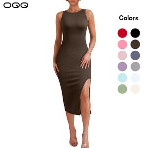 OQQ Women's Dress Sexy Ribbed Halter Neck Fashion Split Tank Tops Dresses Casual Womenswear Summer Crewneck
