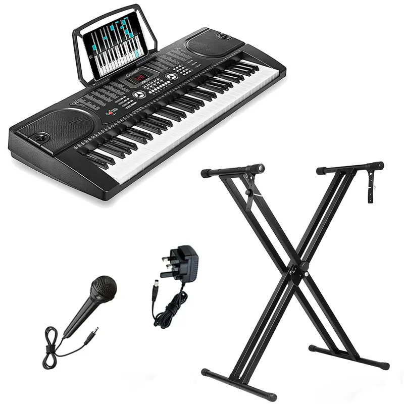61-Key Electronic Music Keyboard with Microphone, MP3, and Sturdy Double-Braced Stand – Black 0