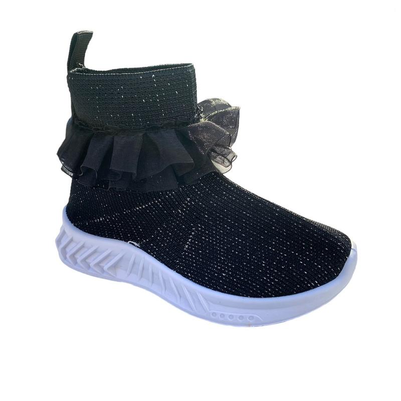 Junior Girls Black Ruffle Shimmer Sock Hard Sole Trainers - Size 11 To 2 2