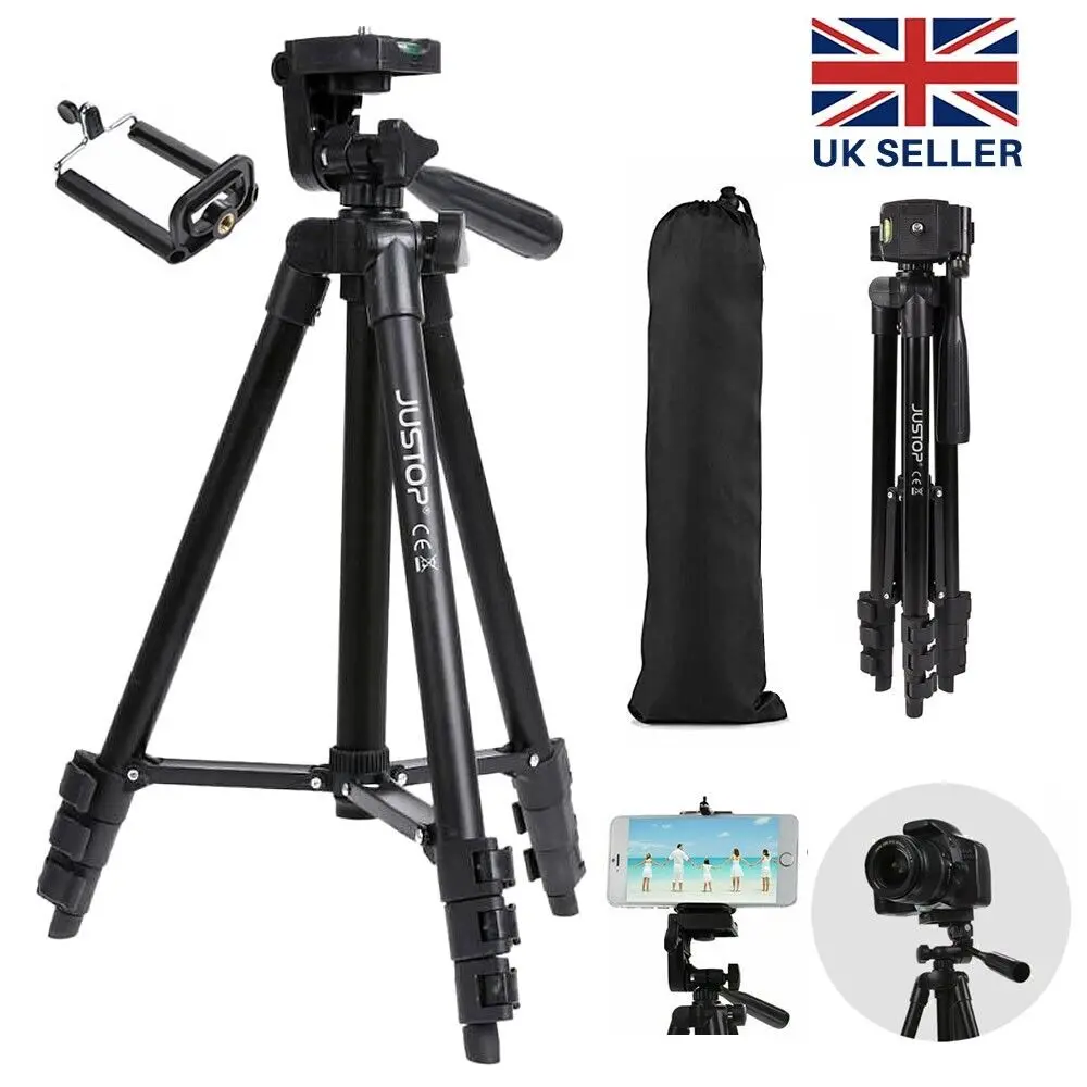 Lightweight Aluminium Tripod Telescopic Camera DSLR Stand With Phone Holder UK Accessories Picture Grip Selfie Camcorder Digital Timer Mobile Smartphone Cellphone