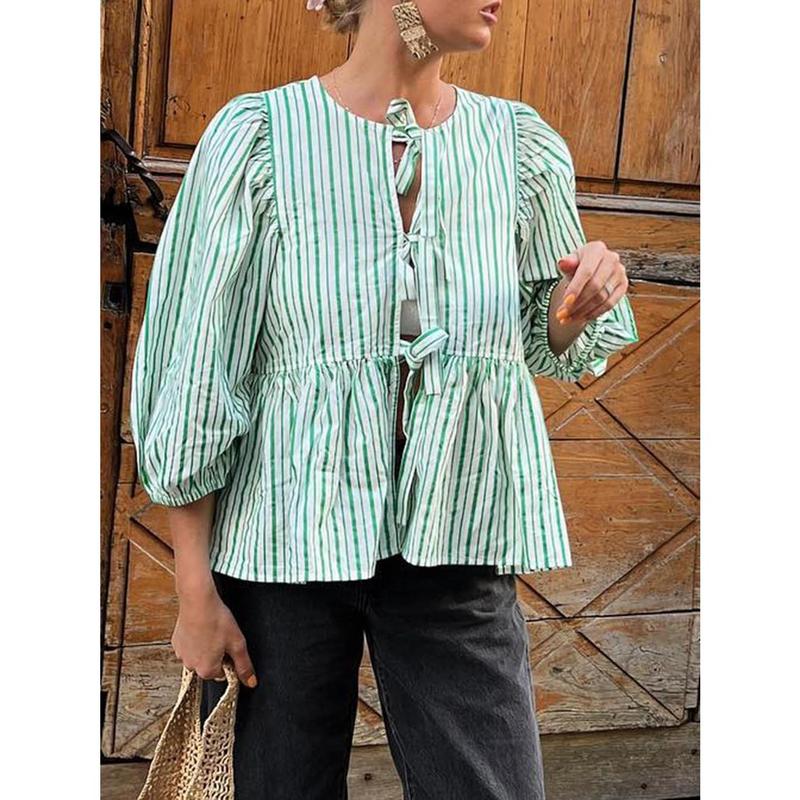 Springcmy Women Y2K Puff Sleeve Peplum Shirts Tie Front Ruffle Hem Babydoll Blouse Tops Tee Lace up Summer Tops Streetwear 3