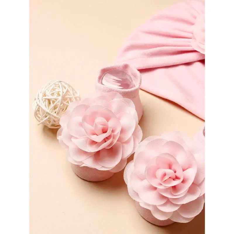 1pc Baby Pink Chiffon Flower Decor Headband And 1pair Baby Pink Anti-Slip Floor Socks, Suitable For Daily Wear Love Valentine 6