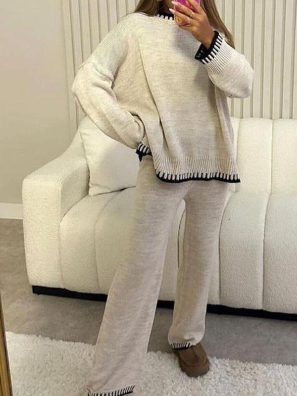 Women's Stitched Knitted Jumper Top Wide Leg Trousers 2PCS Co ord Loungewear Set Long Sleeve Winter Basic Comfort Womenswear Casual Comfortable Coord Fit Overalls 2