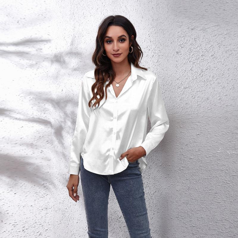 Product Introduction of Women's Satin Satin Imitation Silk Long Sleeved Shirt Elegant V-neck Retro Style Multicolor Shirt Top-Looki Ngi 21