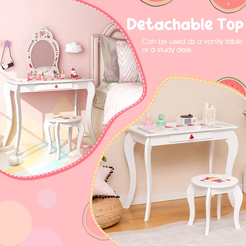 COSTWAY 2-in-1 Kids Vanity Set with Mirror and Drawer 8