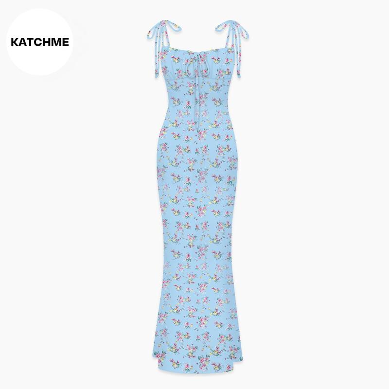KatchMe Fresh Womenswear Adjustable Strap Floral Print Tie-Up Slinky Maxi Dress,Summer Mermaid Tail Dresses for Women,Birthday Outfits,Womenswear 8