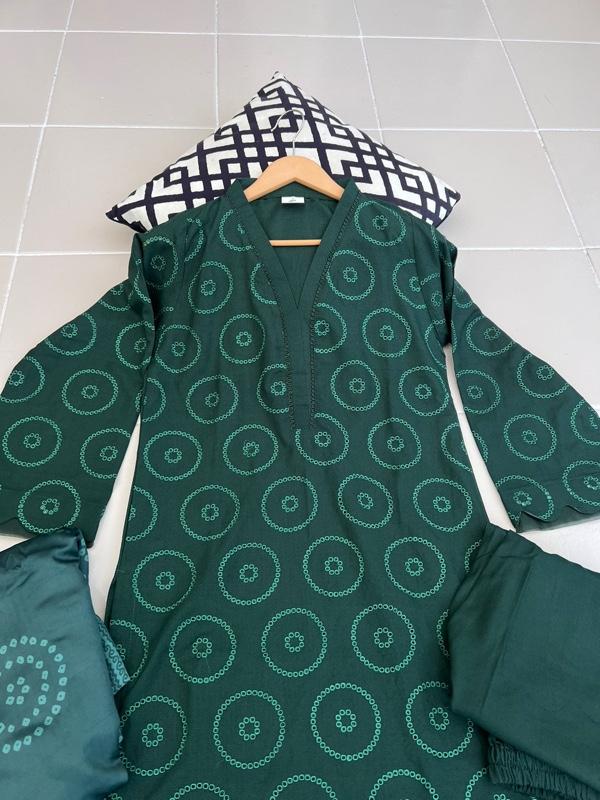 Product Introduction of 3 pc dhanak fabric Chickenkari long shirt suit with dupatta , organza detailing on daman and sleeves Womenswear 2