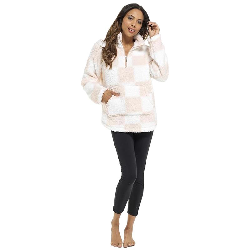 Women's Half-Zip Sherpa Fleece Jumper - Soft & Plush Casual Lounge Sweater, Check Design - Sizes 8-22 2
