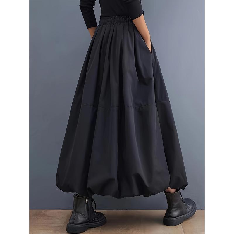 Women's Elegant Black Maxi Skirt - Solid Color, A-Line Silhouette with Pockets, Polyester, Machine Washable, Ideal for Spring/Summer 1