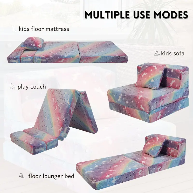 Kids Sofa Bed, Toddler Floor Mattress Glow in The Dark, Baby Modular Unicorn Couch, Fold Up Children Sofa Convertible Futon Folding Mattress Chair Bed for Playroom [Plus A Free Gift] 4
