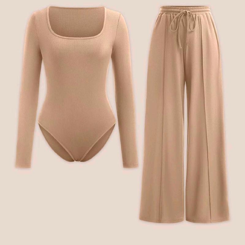 WOMENS LADIES 2 PIECE MATCHING SET CREW NECK BODYSUITS WIDE LEG TROUSERS PANTS PALAZZO SET LOUNGEWEAR LONGSLEEVES STRETCHY SOFT COMFY LADY ELASTICATED WAIST DRAWSTRING HIGH QUALITY COORD LOUNGESET COMFORT WOMENSWEAR OVERALL Basic Adjustable Comfortable 5