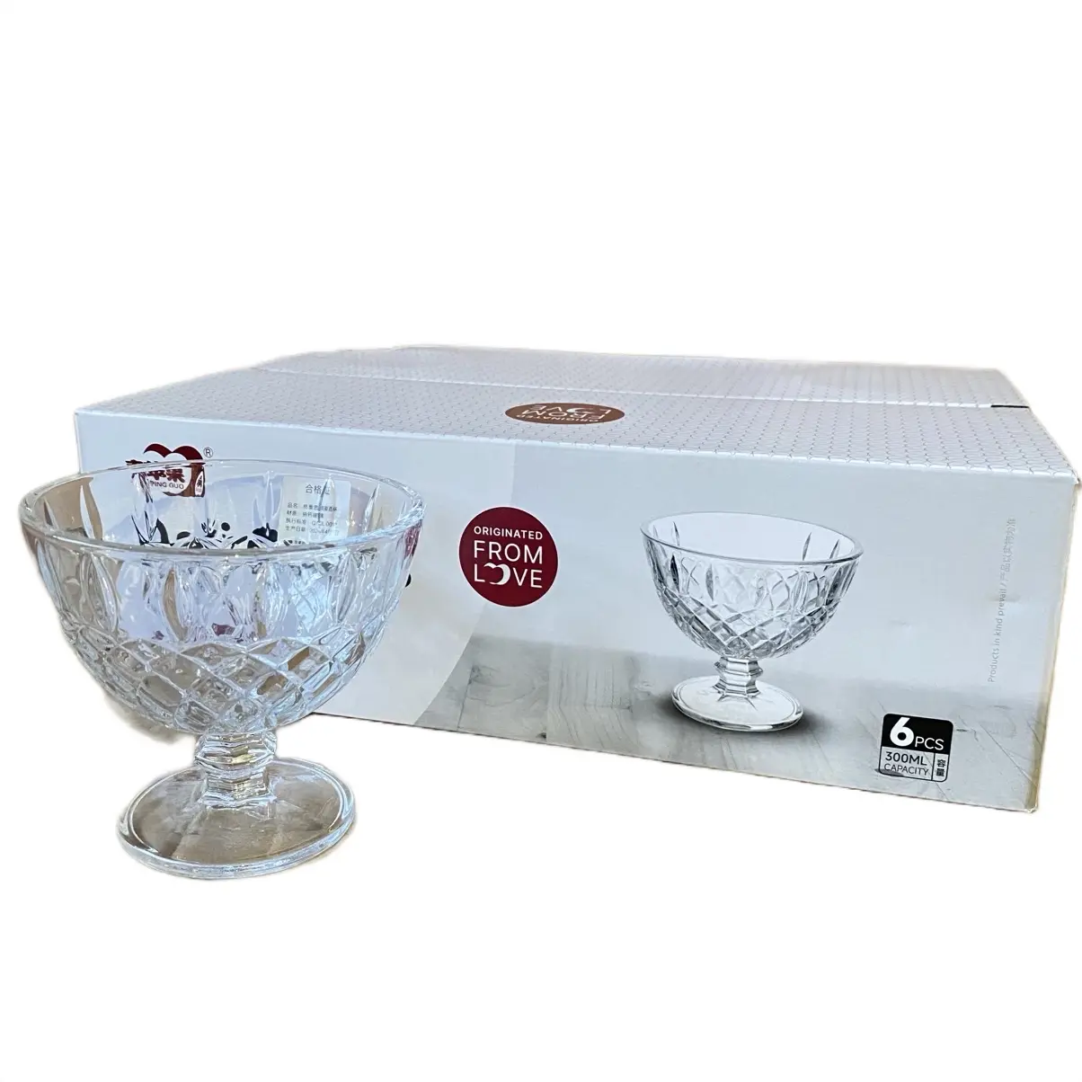 Stylish Glass Ice Cream Bowls Set of 6, 280ml Lead Free Dessert Bowls Dessert Glasses,