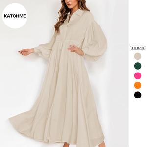 KatchMe Women's Trendy Plain Lapel Balloon Sleeve Button Up Pleated Maxi Dress,Spring & Summer Solid Collared Neck Loose Dress,Basic Womenswear