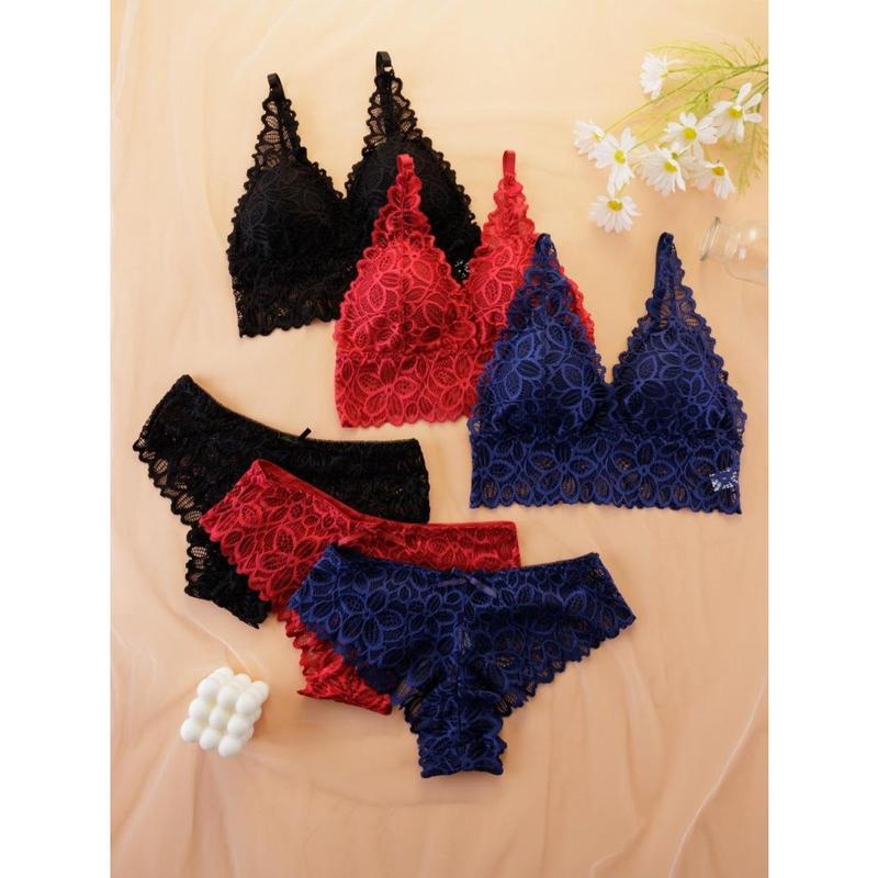Women's Simple Contrast Lace Wireless Bra & Bow Panty Set, Lady Adjustable Spaghetti Strap Bralette & Knicker, Comfort Summer Clothes, Lingerie & Underwear Set, Underwear for Women, Co Ords for Women Womenswear Comfortable 6