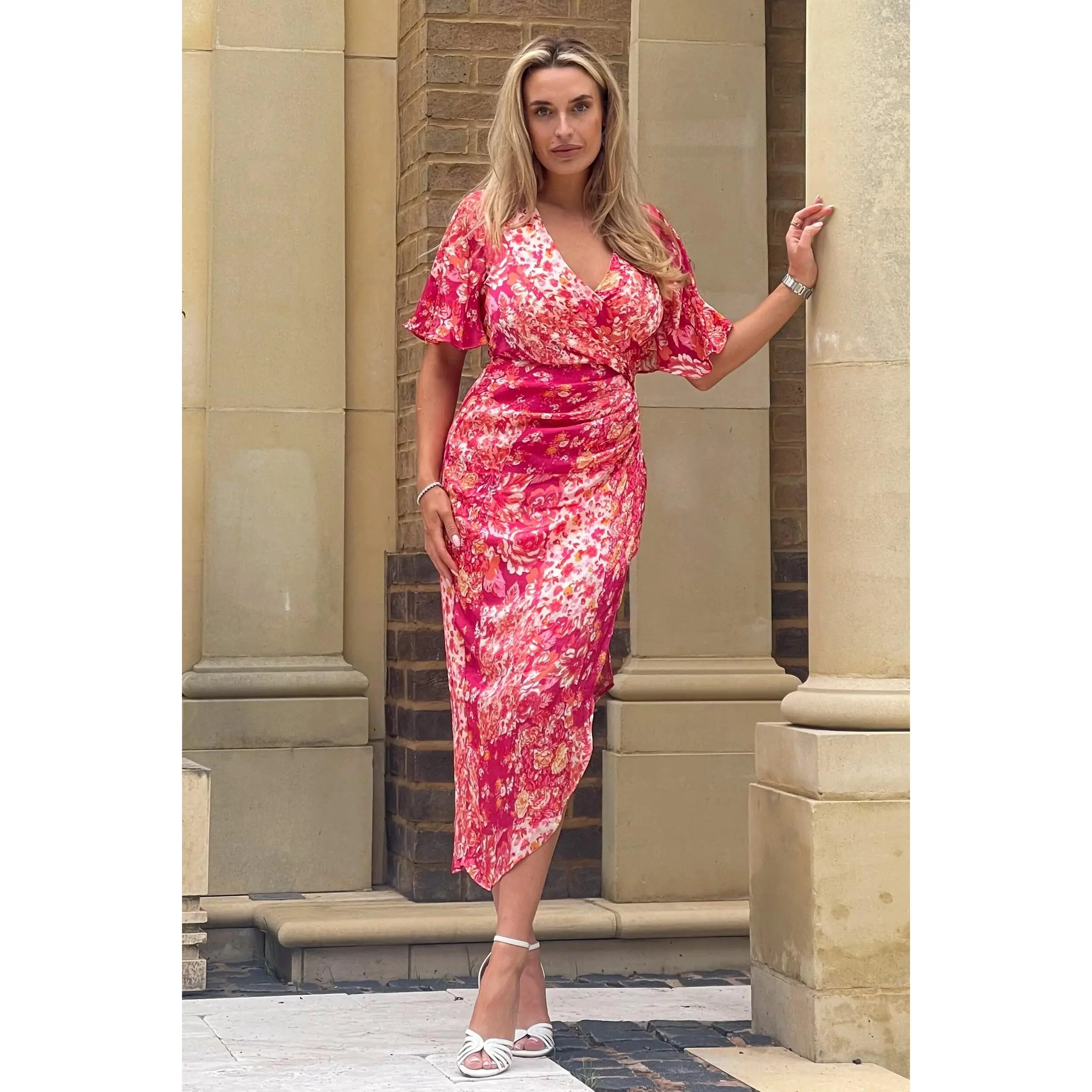 Natasha Fuchsia Floral Angel Sleeve Wrap Midi Dress