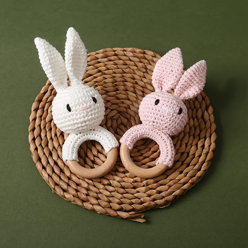 Product Introduction of Crochet Rabbit Baby Rattle, Cute Rabbit Grasping Toys, Baby Gnawable Wooden Hand Rattle, Hand Rattle Toy Gift Box, White Pink Blue Brown, with Christmas & Easter Gift 2