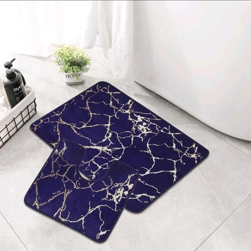 STUNNING LUXURY NON SLIP WATER RESISTANT 2 PIECE MARBLE EFFECT BATH MAT SET 50×80cm mat and toilet cover 2