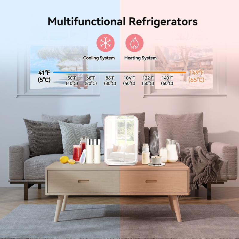 4L Mini Fridge with LED Mirror Portable Cooler Warmer Table Top Bedroom Makeup 4