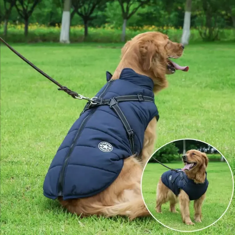 Dog Coat Waterproof With Harness Jacket Raincoat Winter Zip Coats Pet Hole Warm 5