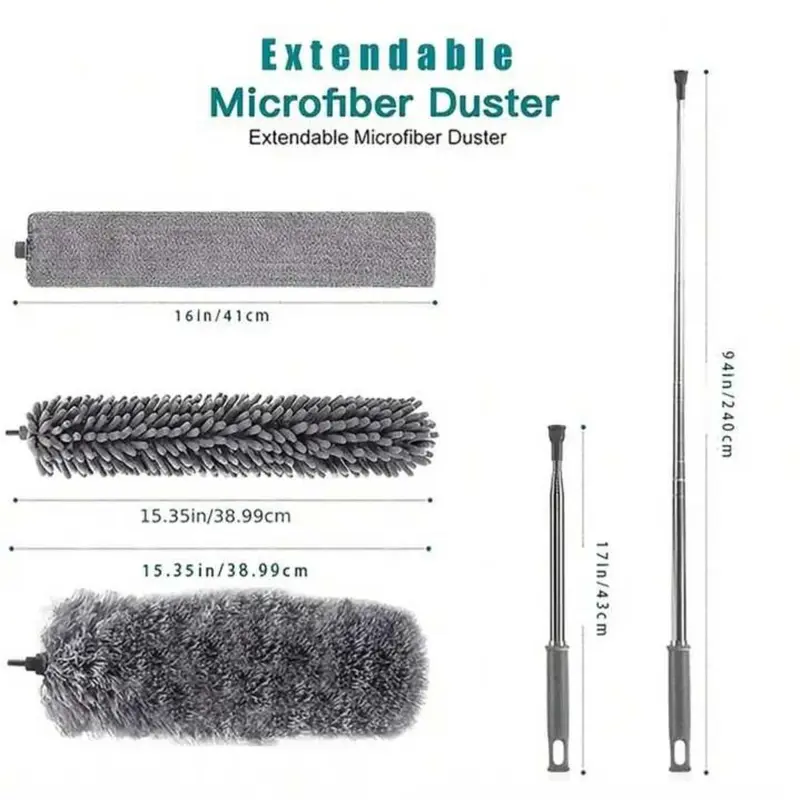 4 Pcs Set Household Dusting Cleaning Kit With Extendable Adjustable Telescoping Pole And 3 Microfiber Duster and Cleaning Head For Floor, Ceiling, Bedroom, Sofa Back And Furniture Cleaning. 3