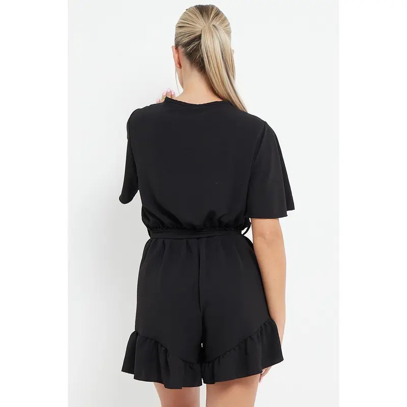 Women's Solid Color V Neck Wrap Ruffle Hem playsuit 7