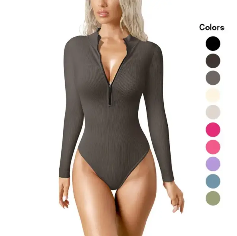 Women's Bodysuits Sexy Ribbed One Piece Zip Front Long Sleeve Tops Bodysuits Womenswear Lady Vneck 0