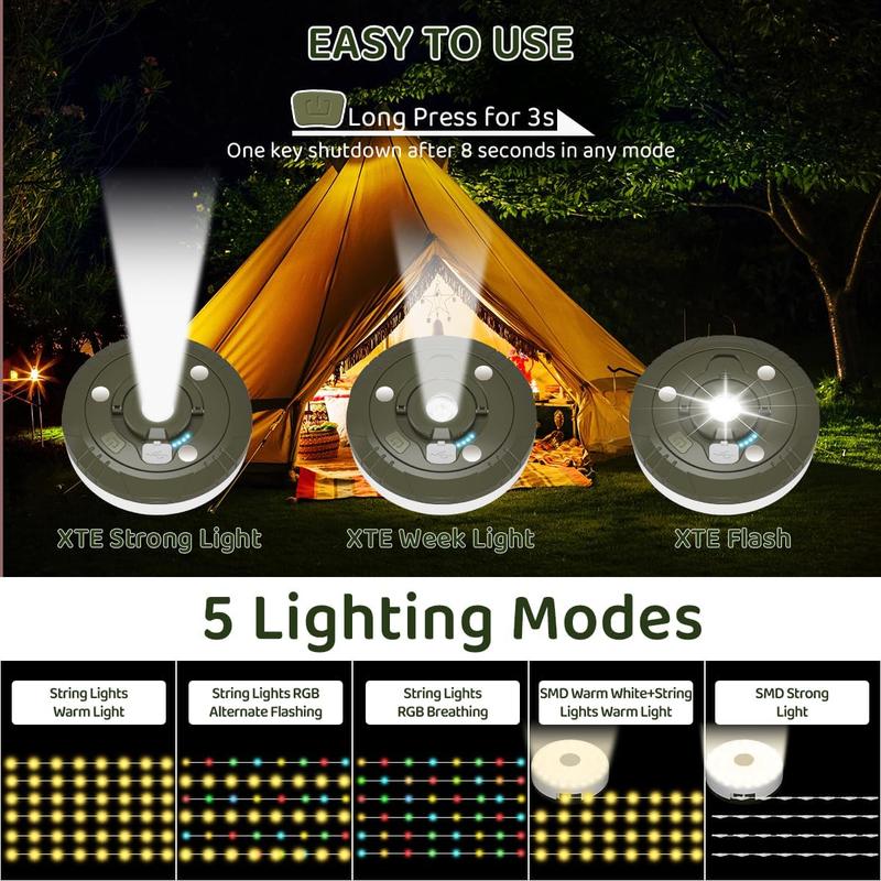 Product Introduction of （Local Warehouse)Camping String Lights, 2 in 1 Quick Rechargeable Tent  Storage Lamp with 8 Lighting Modes,Hanging Illumination Waterproof Portable LED Torch for Bedroom Yard Decor Christmas Camping Essential camping  light 16
