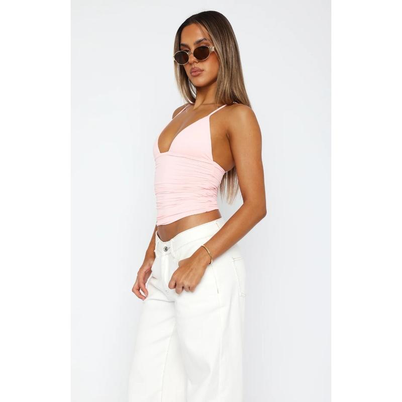 Product Introduction of Women's Solid Backless Ruched Crop Cami Top, Classy Going Out Tops, Casual Adjustable Spaghetti Strap Sleeveless Top for Summer, Women's Clothing for Beach Holiday, Tops for Women, Club L Sizing UK, Weekday Fitted Top 14
