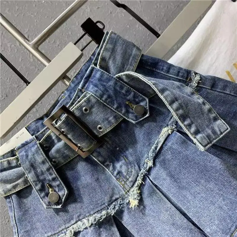 new-Harajuku Vintage Light Blue Sweet Pleated Denim Skirt Women Y2K Street Fashion New Popular Slim A-shaped Half-length Hip Skirt 2