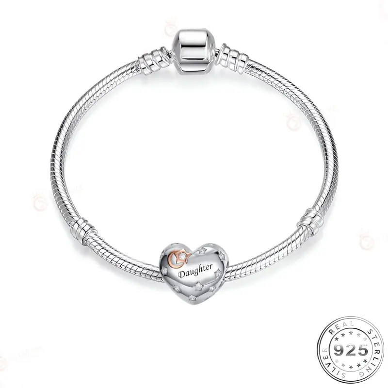 Daughter Charm 925 Sterling Silver with Cubic Zirconia Stars and Moon & Star | Compatible with Pandora Bracelets - Christmas Gift 1
